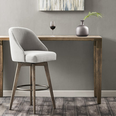 Counter Stool With Rotatable Seat: 25.75" Seat Height. Solid Wood Legs. Medium High Back. Metal Foot Rest. Assembly Required. 300 Lbs Max Load. Reclaimed Grey Finish. And Linen. Sand. 20"W X 23"D
