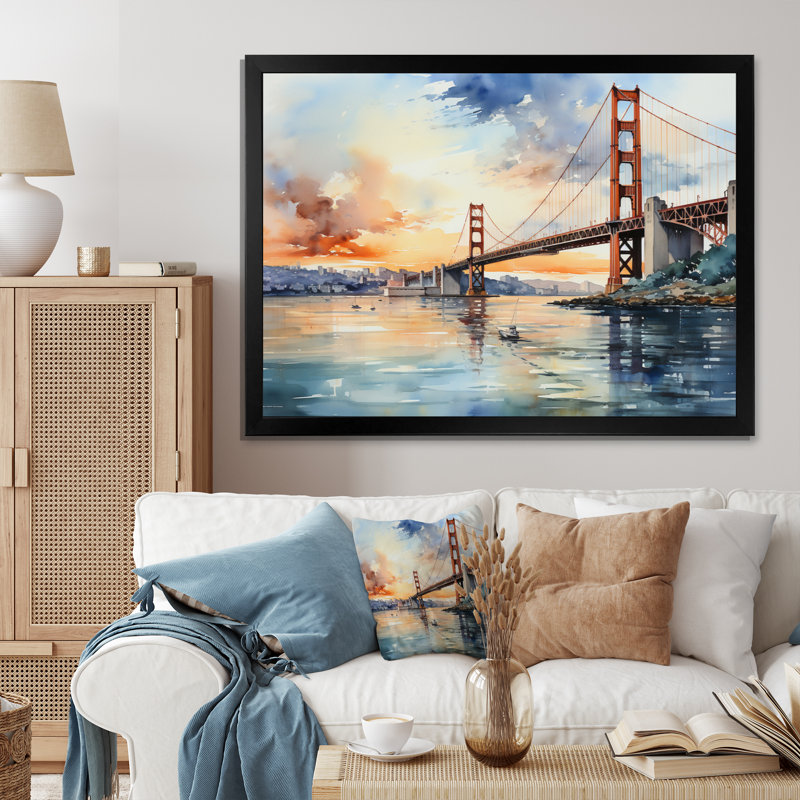 Edurardo Orange Bridge Golden Gateway IV - reproduction sur toile, H 34 po x l 44 po x P 1,5 po, Cadre simple noir