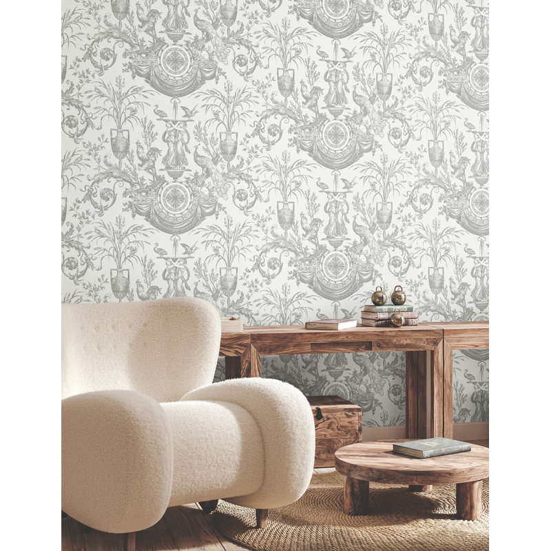 Avian Fountain Toile Wallpaper Roll, Gray