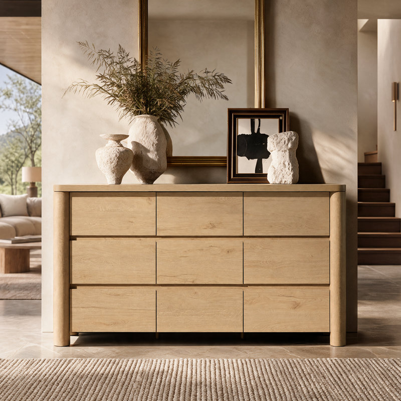 Commode Rondo 63 po L en bois naturel, 9 tiroirs, style moderne, pour chambre ou salon, chêne naturel, Naturel