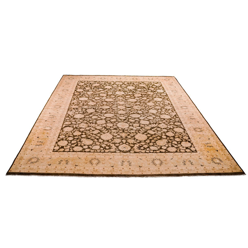 Tapis unique en laine beige / brun 10 pi x 13 pi 11 po années 1990