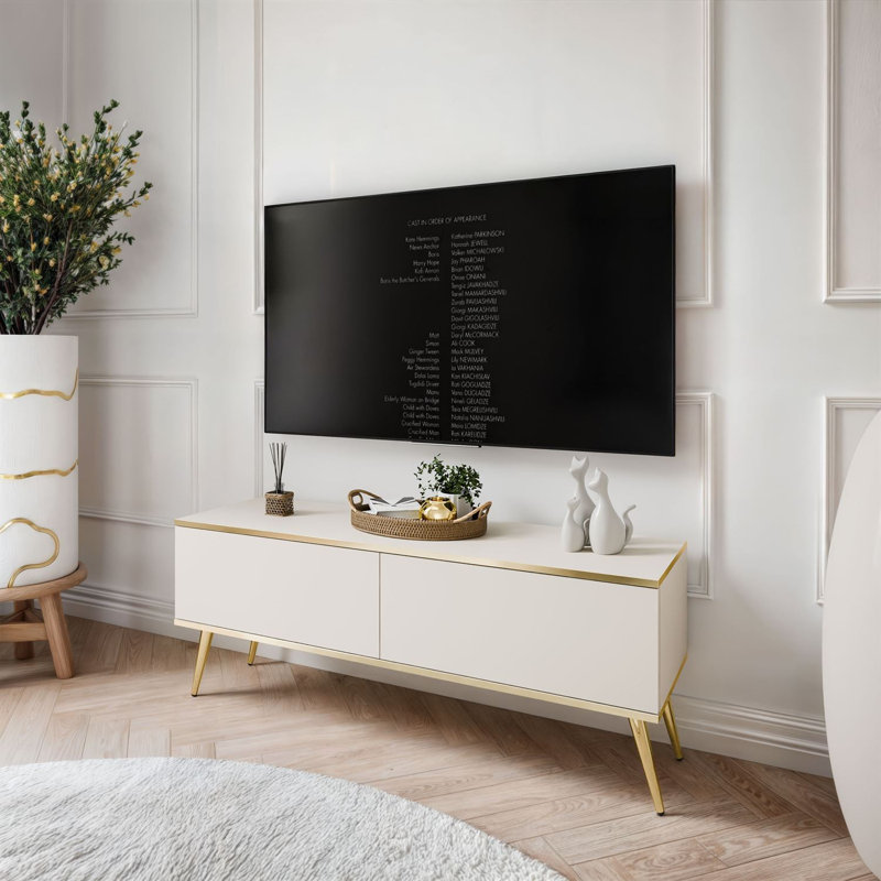 OXFORD III TV Stand with Golden Legs, 53cm H x 135cm L x 32cm W, Beige