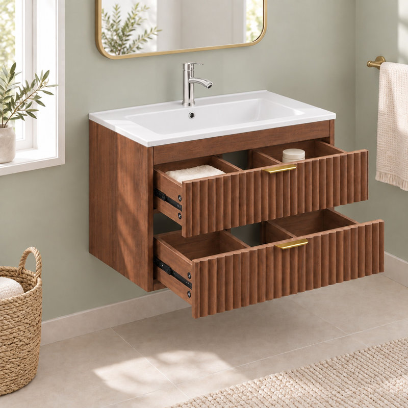 Meuble-lavabo flottant 30 po avec lavabo, armoire murale avec 2 tiroirs cannelés et poignée en métal, armoire murale pour salle de bain, brun
