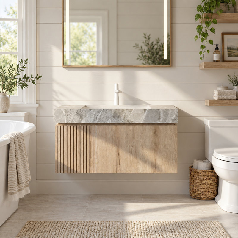 Meuble-lavabo moderne avec lavabo simple brillant, plateau de table en pierre frittée avec jolis armoires en bois, pré-assemblé