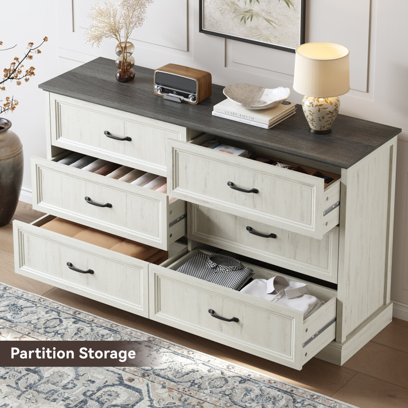 Hava Farmhouse 6 White Drawer Dresser for Bedroom, 55" Double Dresser & Chest of Living Room, TV Stand, White