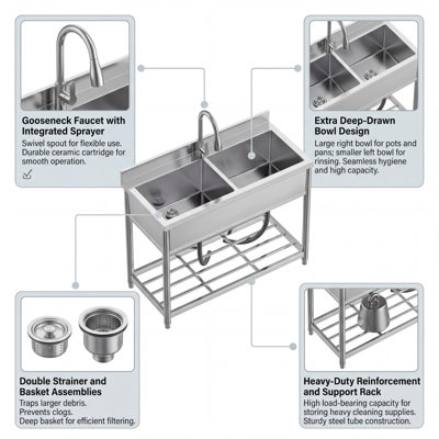 Bassin utilitaire autoportant en acier inoxydable, cuve unique extra large, robinet extractible en laiton, bassin profond pour usage commercial (restaurants, buanderies), grande capacité pour la cuisine, le garage, l'atelier, le lavage des animaux.