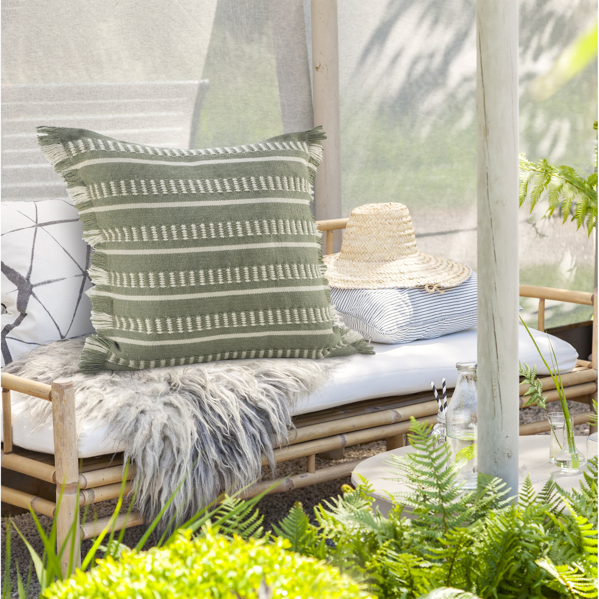 Ava Fringed Indoor/Outdoor Throw Pillow, Down, Green