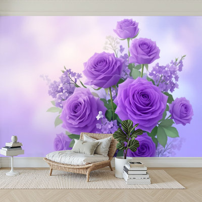 Peel and Stick Wallpaper 144" W x 100" H Modern Self Adhesive Wall Mural for Bedroom Purple Roses Lavender Blooms Bouquet Soft Pastel