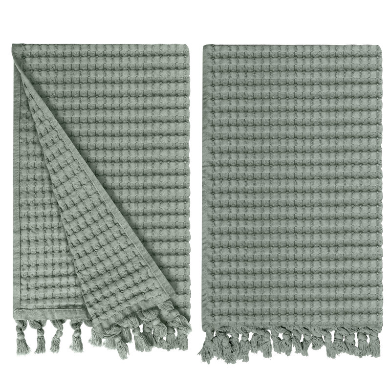 Waffle Tassel Hand Towel Set of 2 – 100% Natural Cotton Quick-Drying, Super Absorbent, Modern Style, Sage Gray