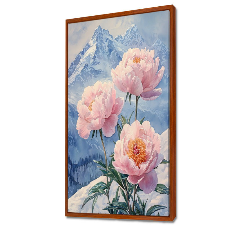 Pivoines par les sommets enneigés I - pivoines, art mural, H 60 po x l 28 po, Reproduction avec cadre flottant, Brun
