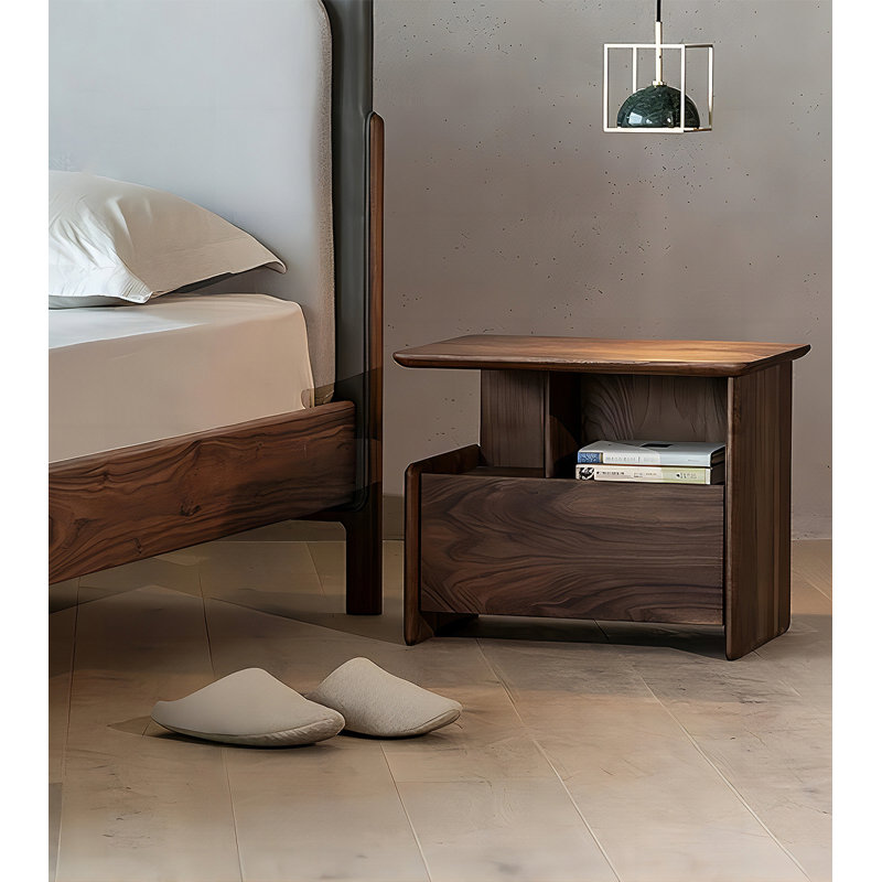 Table de chevet moderne en noyer avec compartiment ouvert et rangement de tiroir