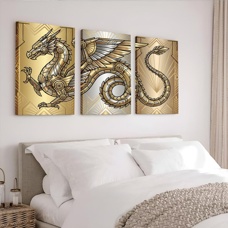Ensemble de 3 tableaux muraux sur toile dorée représentant un dragon mécanique, H 18 po x l 36 po
