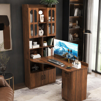 Bureau d'ordinateur d'angle en L pour bureau à domicile ou bureau d'étude, table d'étude de style moderne avec tiroirs, bibliothèque et huche, conception en L 2 en 1, grand espace de travail