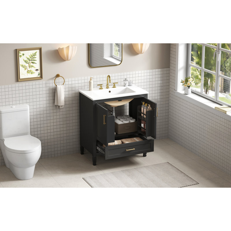 Meuble-lavabo cannelé élégant de 30 po avec lavabo en céramique, boîte simple, pieds en bois massif, portes et tiroir à fermeture en douceur, tablette de porte