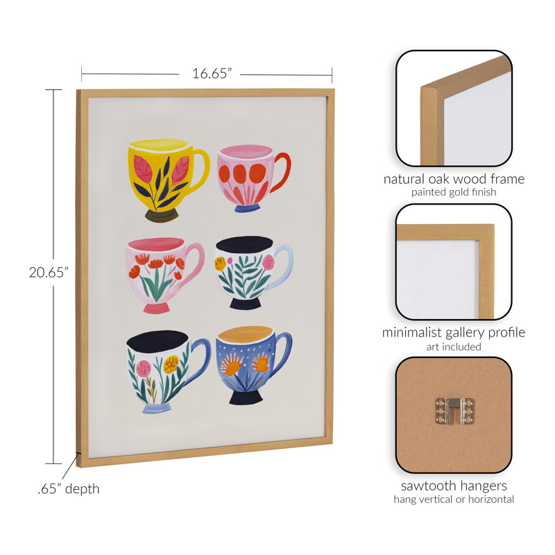 Botanical Coffee Shop Tea Cups by The Creative Bunch Studio Framed Wall Art Print, 16.65" H x 20.65" W, Gold Framed