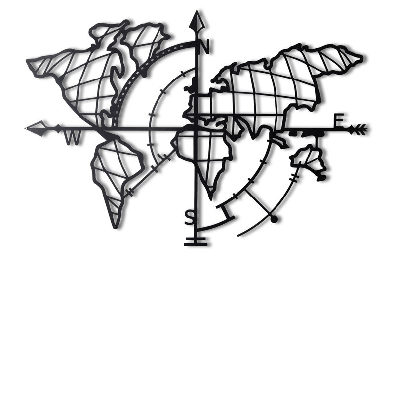 World Map Compass Wall Décor, Black