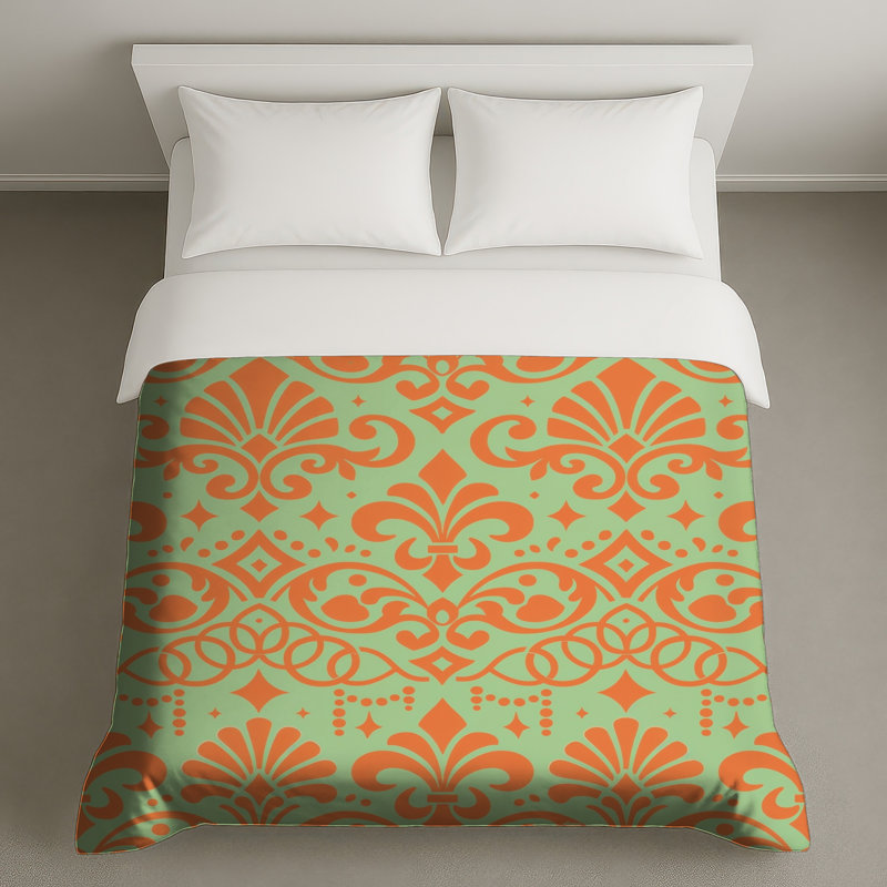 Housses de couette orange à motif damassé, Queen