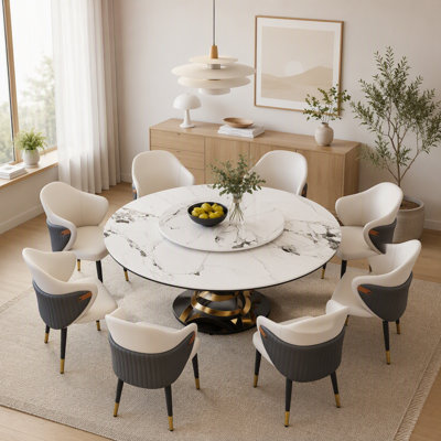Ensemble de salle à manger rond en pierre frittée de 150 cm avec plateau tournant à 360°, plateau résistant aux égratignures et à la chaleur, 8 chaises, pour les grandes réceptions