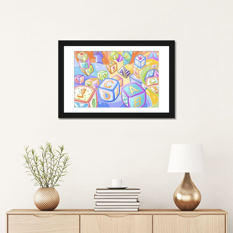 Leonia «Kids Children Toy Blocks», reproduction d'art graphique sur toile non encadrée, Papier avec cadre noir, Blanc