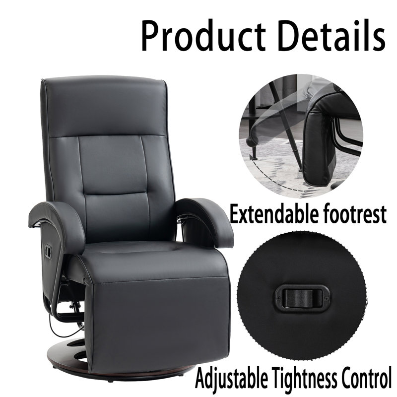 Pu Recliner With Footrest,Lounge Chair With 135° Adjustable Backrest, Swivel Wood Base