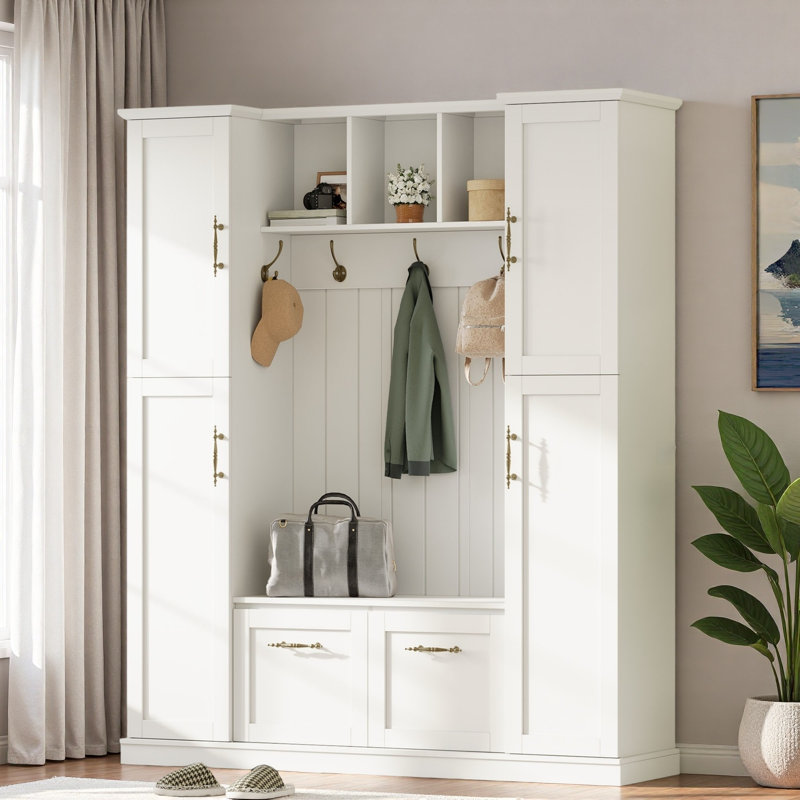 Farmhouse Elegant Hall Tree With 4 Side Cabinets, Open Compartments, Bottom Cabinets, Sturdy Hooks And Bench, White