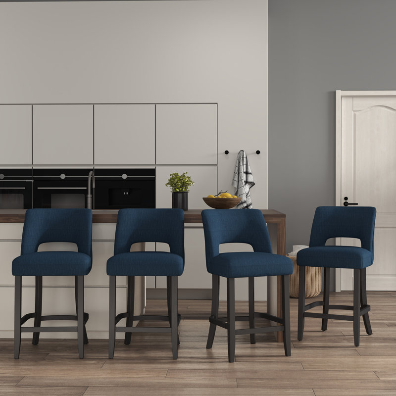 Upholstered Counter Height Bar Stool With Solid Wood Legs, 4, Blue