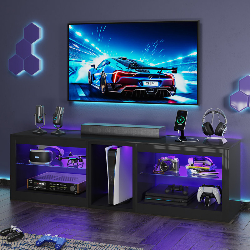 63" Glossy LED TV Stand for 70" TVs, Modern Gaming Center with Built-In Outlet & Adjustable Glass Shelves, versatle TV Console for Living Room or Bedroom, Black