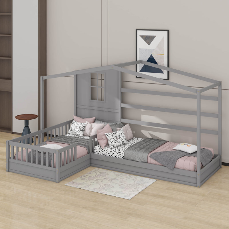Lit simple en bois avec clôture, Gris