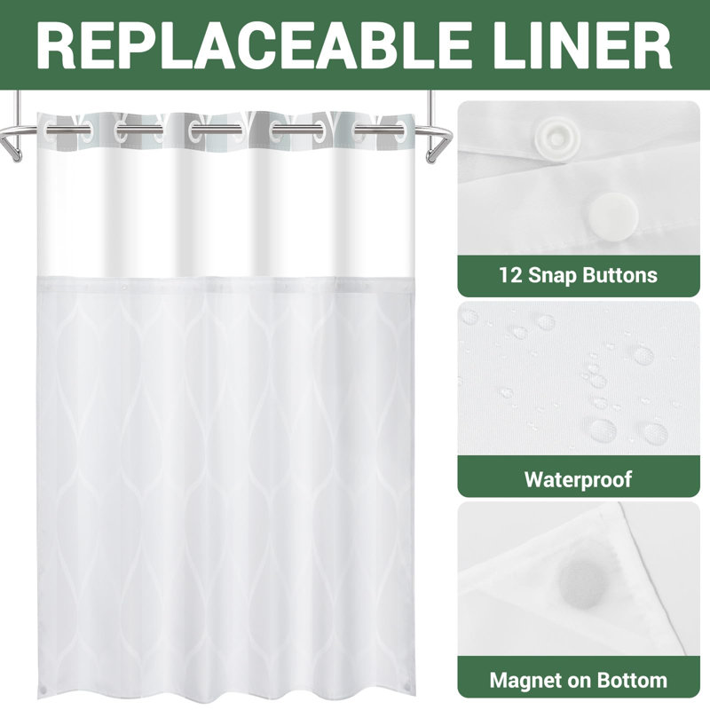 No Hook Grey Shower Curtain With Snap In Fabric Liner Set - Hotel Style With See Through Mesh Top Window, Modern Geometric Waterdrop Design,Waterproof And Washable, 71X74 INCH