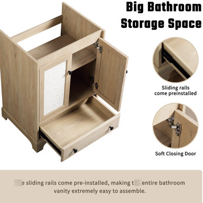 Prêt à assembler meuble-lavabo en bois de 24 po de largeur, base de lavabo sans lavabo, robinet, poignées ou dessus, charnières réglables à six voies et armoire à porte florale captivante