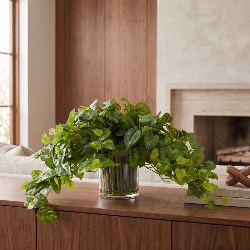 Faux Pothos Plant in Glass Vase, 15" H x 28" W x 28" D