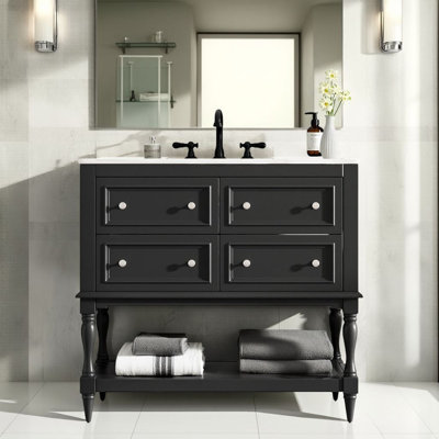 36" Solid Wood Bathroom Vanity with Ceramic Sink - 4 Drawers, ?Easy Assembly