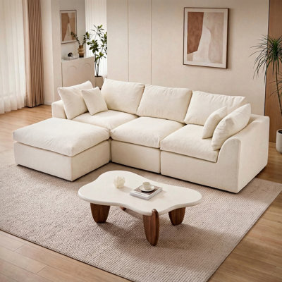 108" Cloud Modular Sectional Sofa With 2 Washable Cover Sets, L-shape Deep Seat Couch With Ottoman & Toss Pillows, Oversized Comfy Living Room Sofa, Diy Color Refresh, White Sofa + Green Cover Set