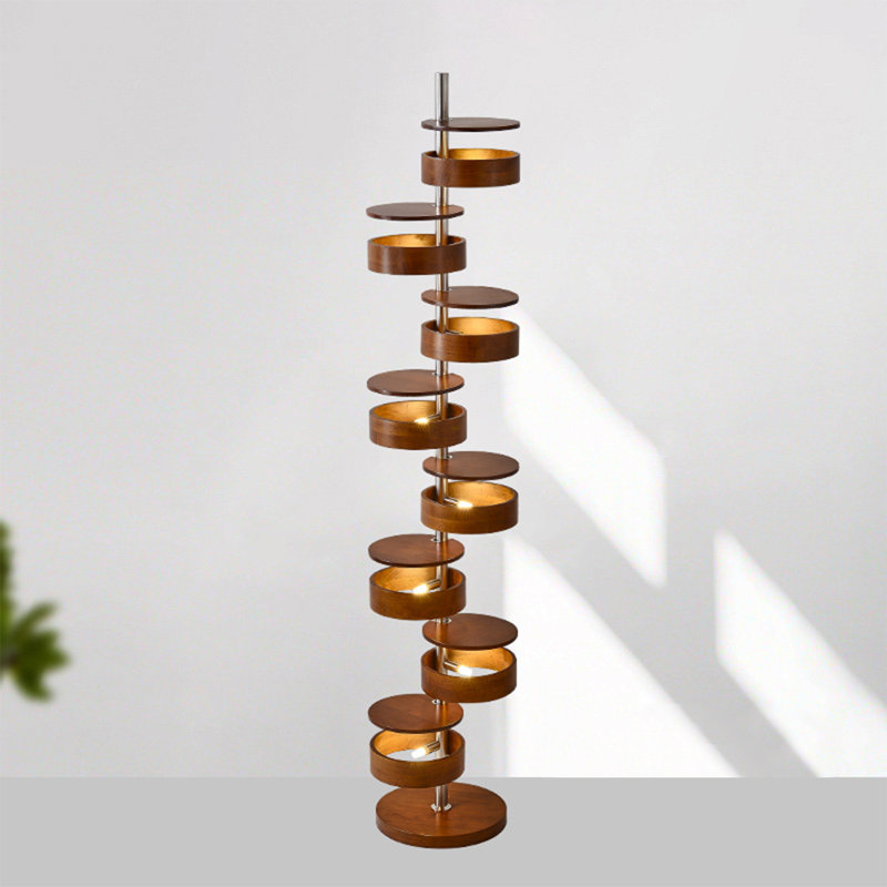 Solid Wood Art High-End Bedroom Rotating Floor Lamp, Nut Brown