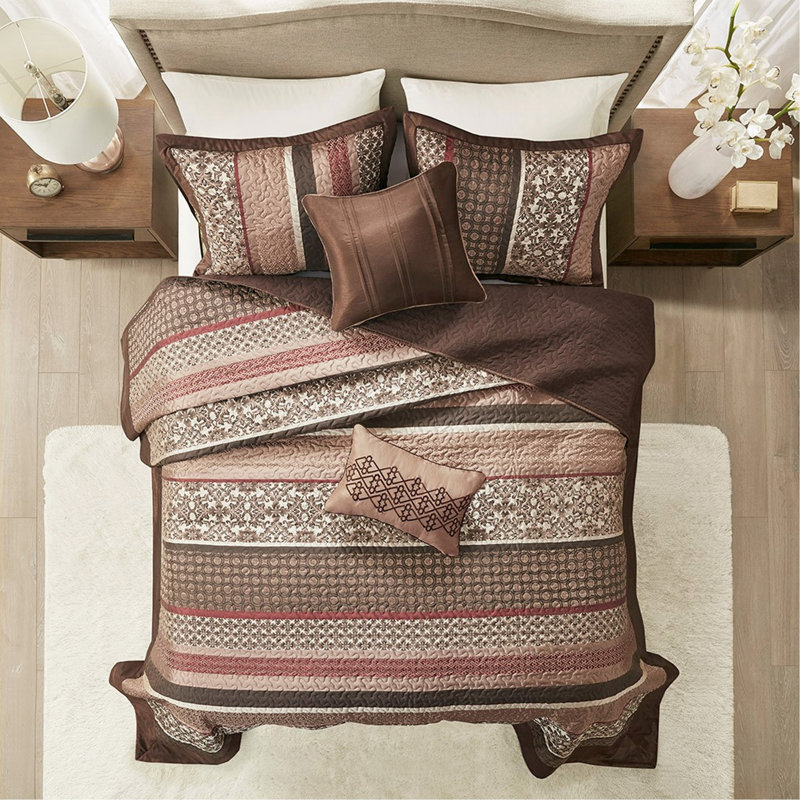 Ensemble de couvre-lit très grand réversible en jacquard 5 pièces avec motifs géométriques et feuilles pour très grand lit