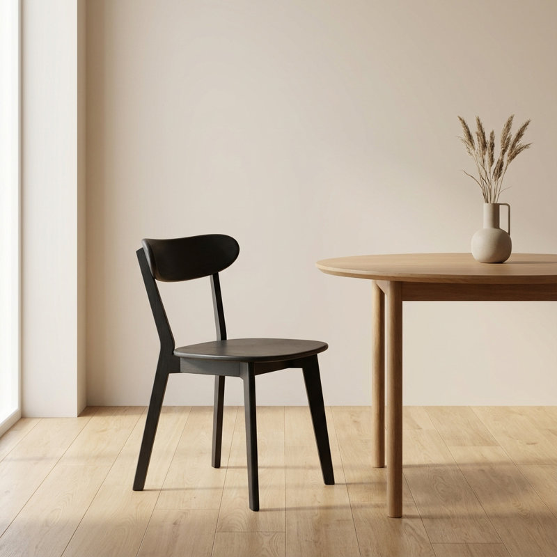 Solid Oak Wood Dining Chair, Ergonomic Curved Backrest & Upholstered Seat, FAS-Grade Oak Frame, Easy-Clean Finish — Black