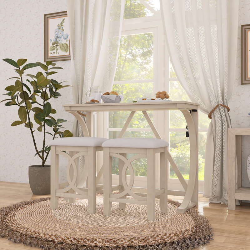 Ensemble de table de salle à manger style campagnard - hauteur comptoir, tabourets USB et rembourrés, Blanc, Blanc