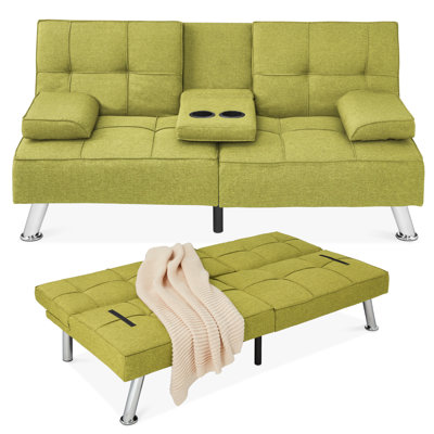 Latsia Modern Linen Convertible Futon Sofa Bed w/ Removable Armrests, Metal Legs, Cupholders by Latitude Run