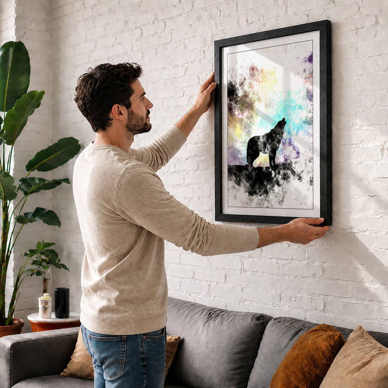 Wolf At Dawn Modern - Print, A2 - 59.4 x 42.0 cm, Walnut