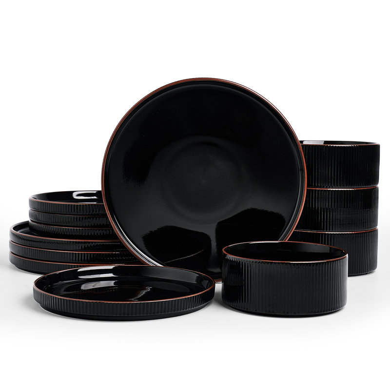 Service de table 12 pièces Star Porcelain, blanc, Noir lustré
