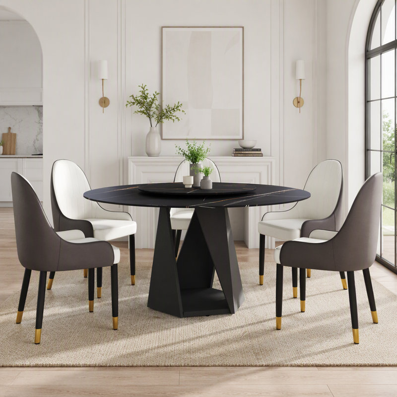 Table de salle à manger ronde en pierre frittée de 150 cm (59,05 pouces) avec piètement en fer noir et plateau tournant de 80 cm (31,5 pouces) pour 6 à 8 personnes.