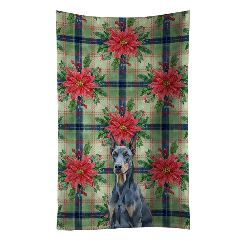 Blue Doberman Pinscher Christmas PoinsettIas Kitchen Towel, Blue Doberman Pinscher