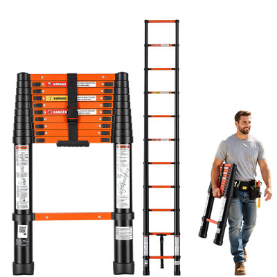 Échelle télescopique de 3,2 m (10,5 pi) avec système de rétraction multiboutons, robuste et supportant jusqu'à 150 kg (330 lb), idéale pour les réparations à domicile, la peinture, le nettoyage de vitres et les véhicules récréatifs, en aluminium avec marches antidérapantes, orange et noir.