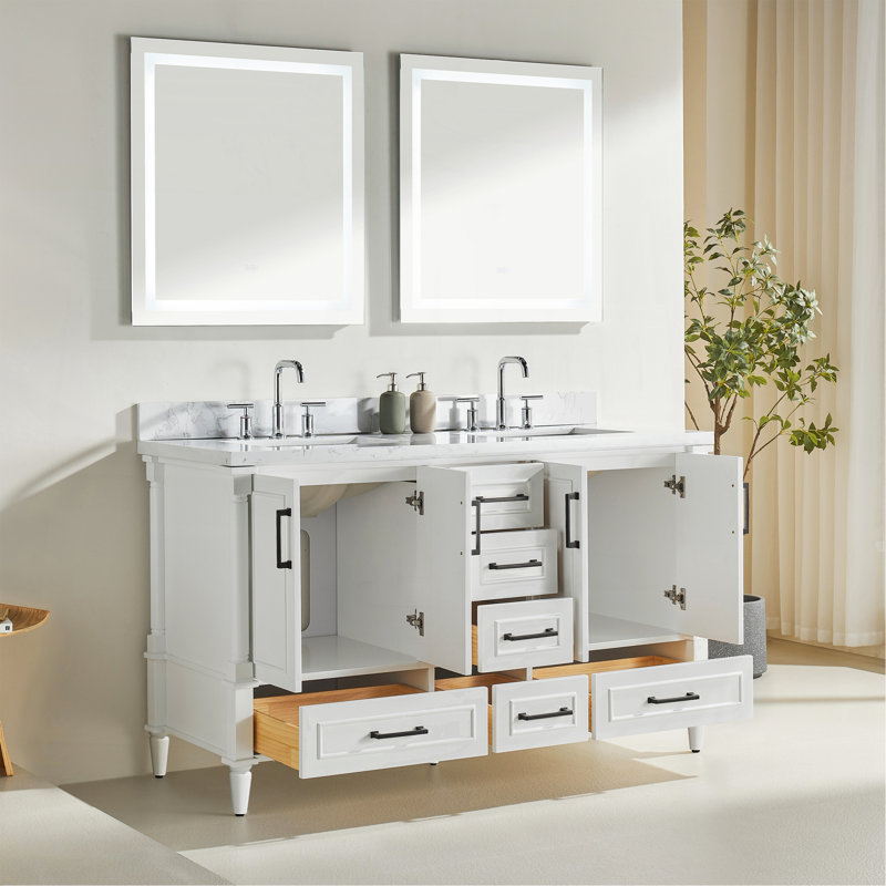 Ensemble de meuble-lavabo double autoportant 60 po avec 2 poignées entièrement assemblé