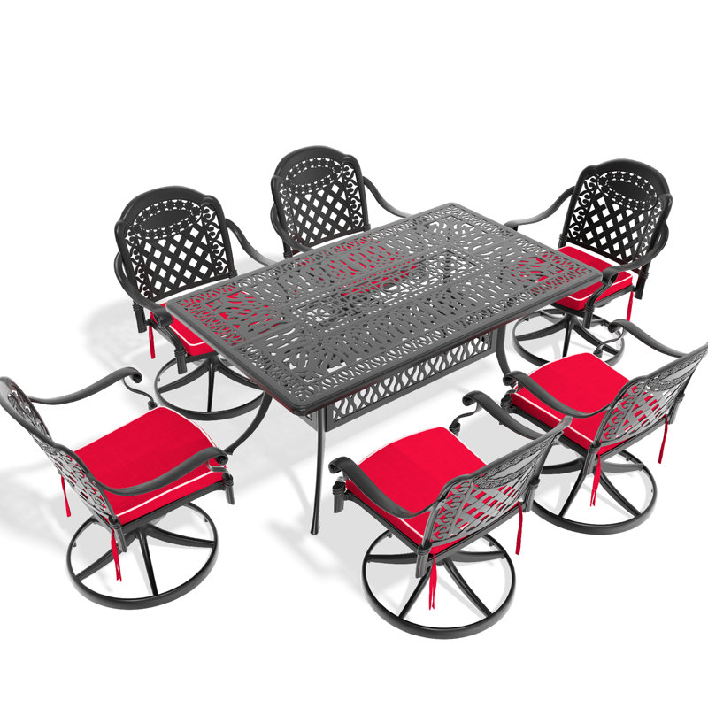 All-Weather 7 Cast Aluminum Dining - 6 Swivel Chairs & Rectangular Black Table, Graceful Carving Patterns, Weather Resistance, Comfortable Seating Configuration, 360 Rotatable Chairs