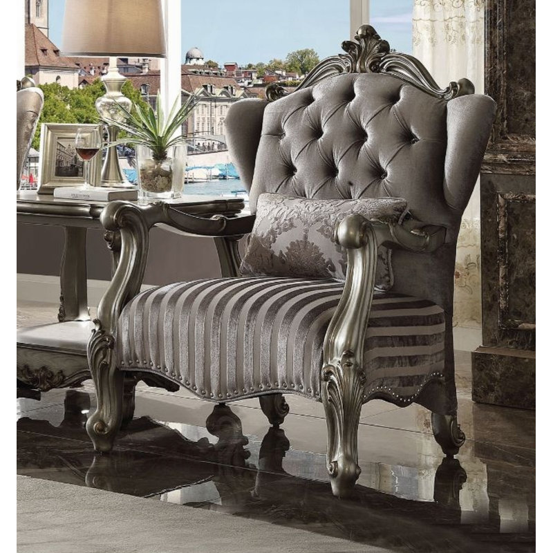 Thebes Upholstered Wingback Chair, Gray Velvet, Antique Platinum, Antique Platinum