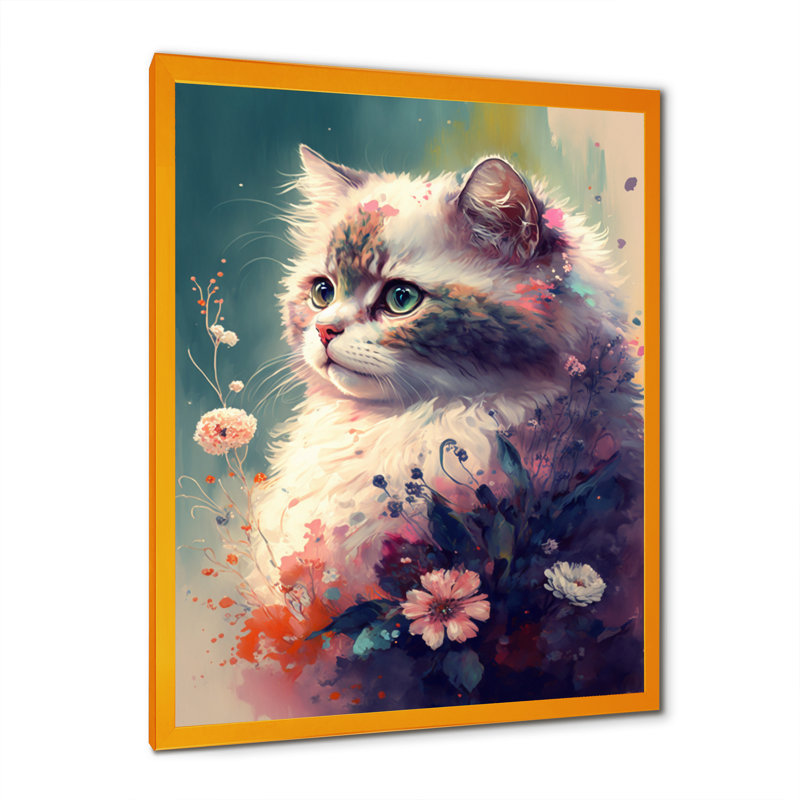 Mignon chat persan, art floral III - chat, décoration murale en toile, Impression dorée sur toile encadrée