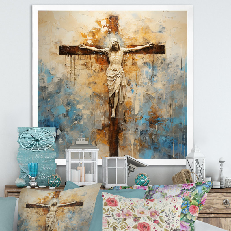 Minimalisme, croix religieuse de Jésus sur toile, Cadre simple blanc, H 16 po x l 16 po x P 1 po