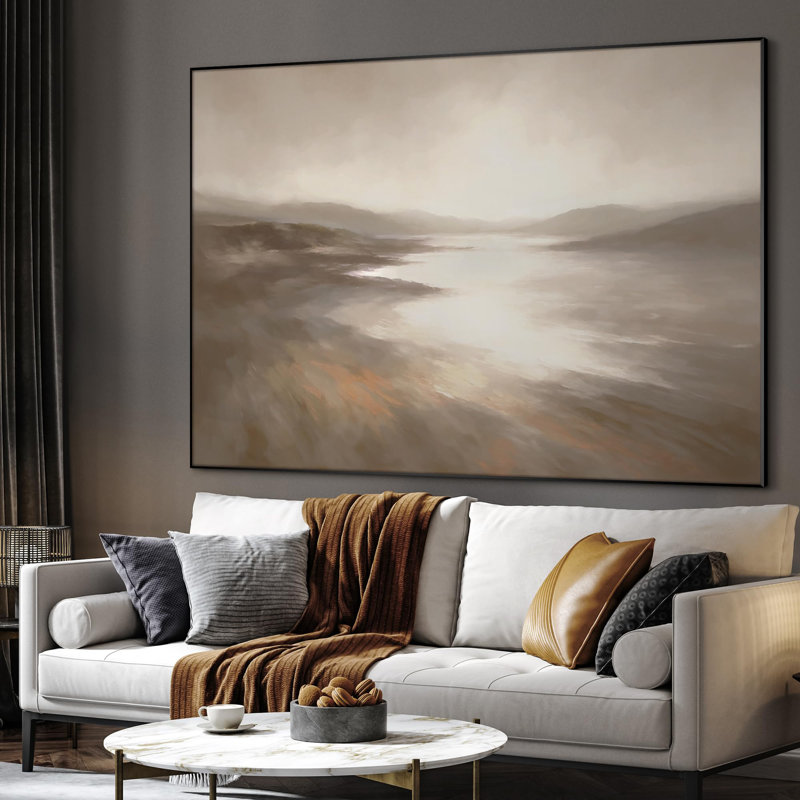 Extra Large Wall Art Fabric Print - Misty Coastal Landscape with Soft Reflections Artwork Decor for Living Room or Bedroom - "Frame Assembly Required (Unfinished Frame)"