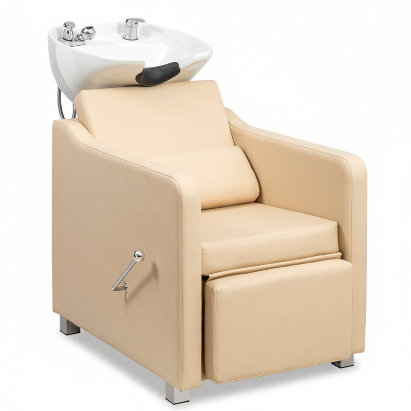 Fauteuil de shampooing Salon avec bol à shampooing en céramique et repose-pieds réglable couleur sable, Crème, crème